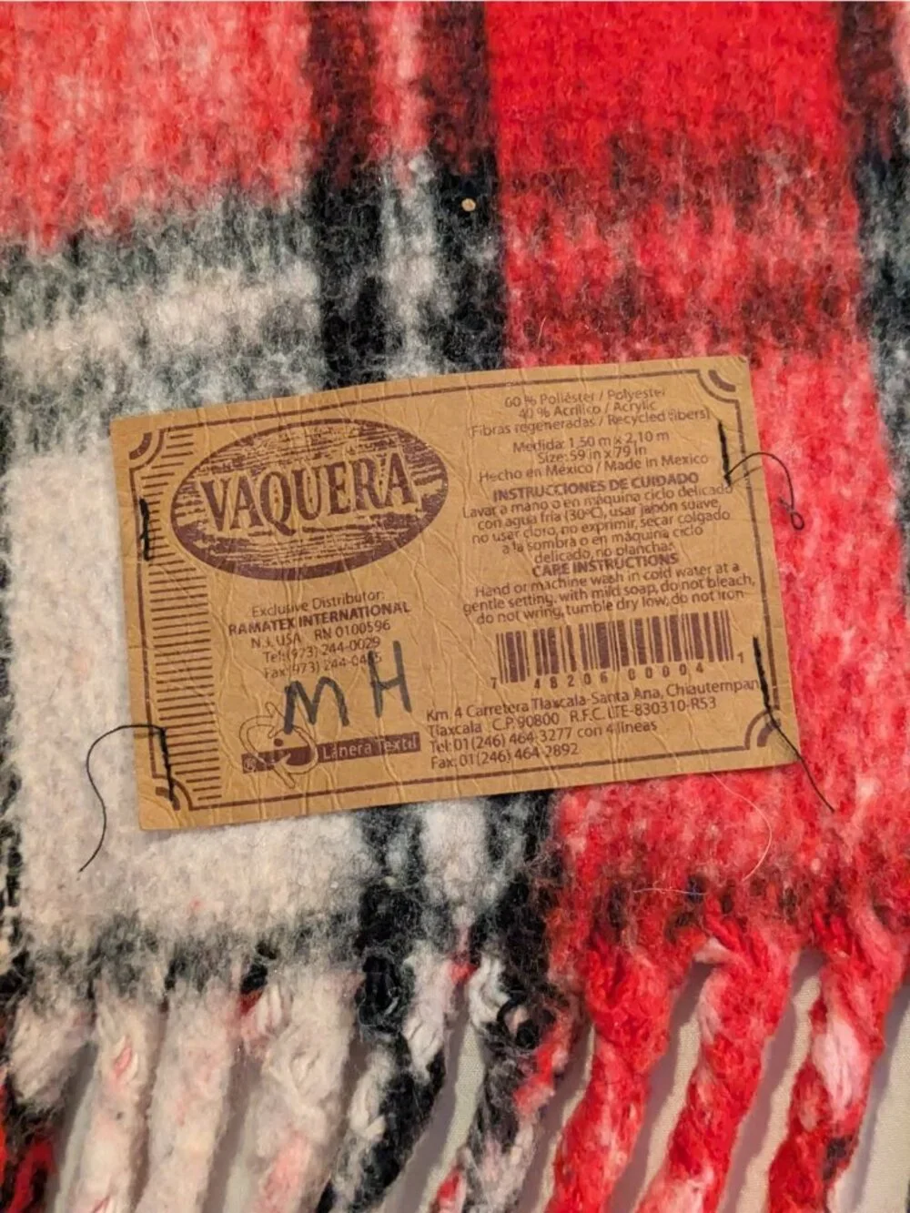 Vtg Plaid Woven Yoga Blanket Throw Reversible Poly Blend Fringe Red Black 59x79